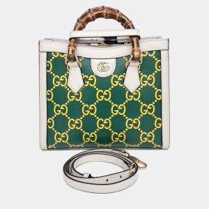 Pre Owned Gucci Green Leather Diana Bamboo Tote Bag Small