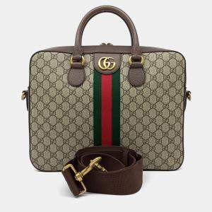 Pre Owned Gucci Beige Brown Canvas and Leather Ophidia Briefcase