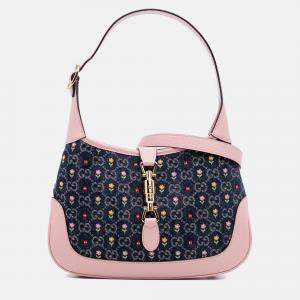 Gucci Blue Pink Limited Edition Small GG Embroidered Denim Floral Jackie 1961 Crossbody