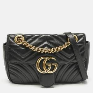 Gucci Black Matelassé Leather Mini GG Marmont Flap Shoulder Bag