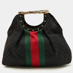 Gucci Black GG Canvas Web Detail Metal Bamboo Hobo