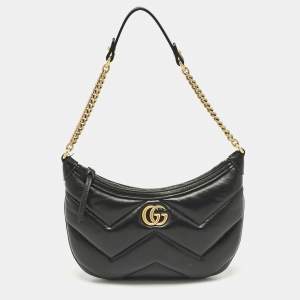 Gucci Black Matelassé Leather GG Marmont Zip Hobo