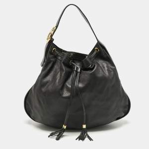 Pre Owned Gucci Black Leather Interlocking Icon Drawstring Hobo