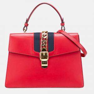 Pre Owned Gucci Red Medium Leather Sylvie Top Handle Bag