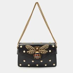 Gucci Black Leather Mini Pearl Studded Queen Margaret Broadway Shoulder Bag 