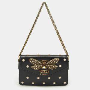 مملوكة مسبقًا Gucci Black Leather Mini Pearl Studded Queen Margaret Broadway Shoulder Bag 