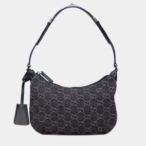 Pre Owned Gucci Black Small GG Denim Horsebit Slim Hobo