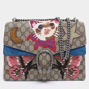 Gucci Beige GG Supreme Canvas and Suede Medium Crystals Embellished Dionysus Shoulder Bag