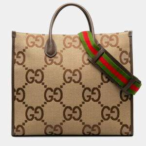 Gucci Jumbo Gg Sherry Line Shoulder Bag Tote Beige Multicolor Canvas Leather