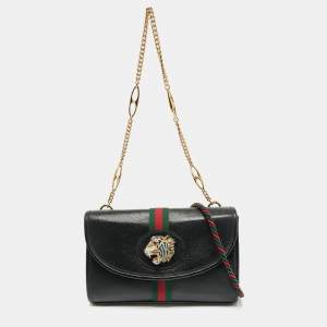 Pre Owned Gucci Black Leather Web Rajah Small Flap Shoulder Bag