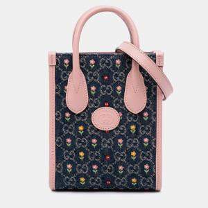 Pre Owned Gucci Blue/Pink Mini GG Denim Interlocking G Flowers Tote