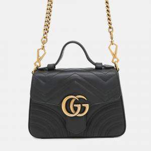 Pre Owned Gucci Gg Marmont Top Handle Bag Black Leather Size Small
