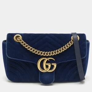 Pre Owned Gucci Blue Matelassé Velvet Small GG Marmont Shoulder Bag