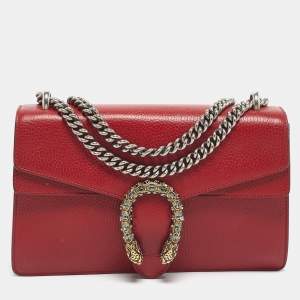 Pre Owned Gucci Red Leather Small Dionysus Crystals Shoulder Bag