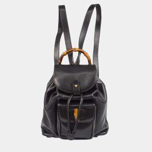 Pre Owned Gucci Bamboo Black Leather Backpack 