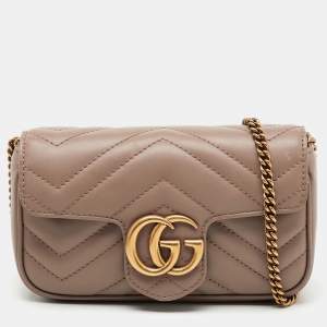 Pre Owned Gucci Light Brown Matelassé Chevron Leather Mini GG Marmont Crossbody Bag