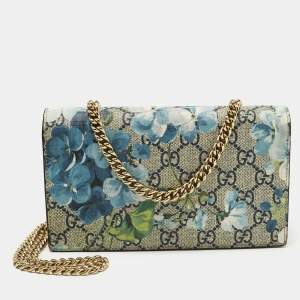 Gucci Beige/Blue Blooms GG Supreme Canvas Wallet On Chain