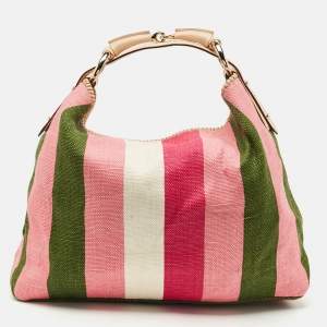 Gucci Multicolor Stripe Canvas and Leather Large Horsebit Handle Bag