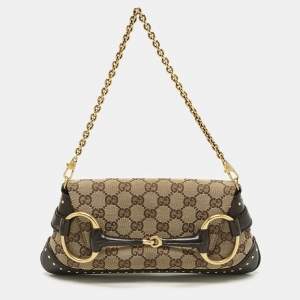 Gucci Beige/Brown GG Canvas and Leather Horsebit Chain Clutch