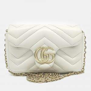 Pre Owned Gucci White Leather GG Marmont Mini Shoulder Bag