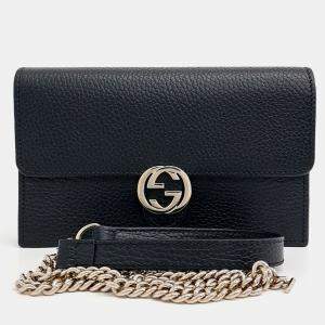Gucci Black Leather Interlocking Chain Crossbody Bag