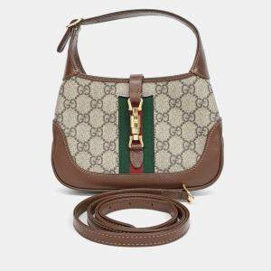 Gucci Beige Brown Canvas and Leather Jackie 1961 Mini Hobo Bag