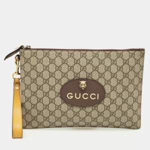 Gucci Beige/Mustard GG Supreme Canvas and Leather Tiger Head  Wristlet Pouch