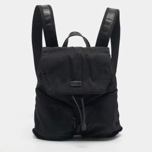 Pre Owned Gucci Black Leather and Nylon Pocket Drawstring Backpack