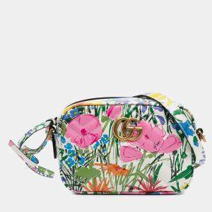 Pre Owned Gucci White Ken Scott Mini GG Marmont Floral Printed Matelasse Leather Crossbody