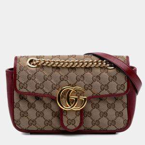 Pre Owned Gucci Beige/Red Mini GG Marmont Matelasse Canvas Flap Crossbody