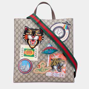 Pre Owned Gucci Beige Brown GG Supreme Night Courrier Vertical Satchel