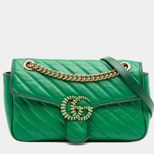Pre Owned Gucci Green Small GG Marmont Matelasse Leather Torchon Flap Crossbody