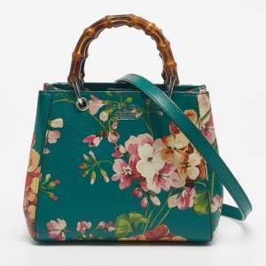 Pre Owned Gucci Green Leather Mini Blooms Bamboo Tote