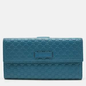 Pre Owned Gucci Teal Blue Microguccissima Leather Flap Continental Wallet