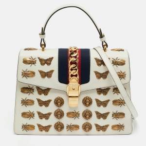 Gucci Off White Leather Medium Embellished Web Sylvie Top Handle Bag