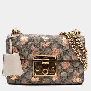 Pre Owned Gucci Beige Brown Small GG Supreme Berry Padlock Crossbody