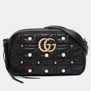 مملوكة مسبقًا Gucci Black Small GG Marmont Matelasse Leather Pearl Studded Crossbody