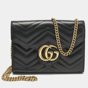 Pre Owned Gucci Black Matelassé Leather GG Marmont Wallet on Chain