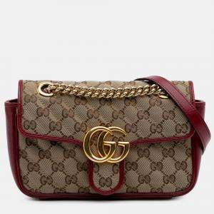 Pre Owned Gucci Beige Brown Mini GG Marmont Matelasse Canvas Flap Crossbody