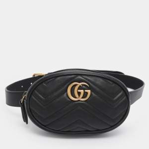 Pre Owned Gucci Black Matelassé Leather GG Marmont Belt Bag