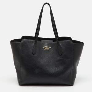 Pre Owned Gucci Black Pebbled Leather Medium Swing Tote