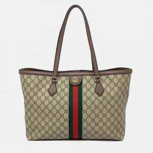 Pre Owned Gucci Beige Brown Leather and PVC Ophidia GG Supreme Shopper Bag