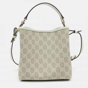 Pre Owned Gucci Beige Leather and PVC GG Emblem Small Bucket Bag