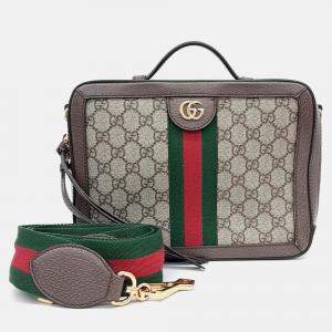 Pre Owned Gucci Beige Brown Leather and PVC Ophidia GG Shoulder Bag Small