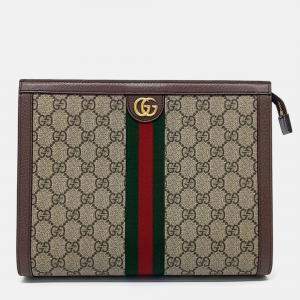 Pre Owned Gucci Beige Brown Leather and PVC Ophidia Clutch
