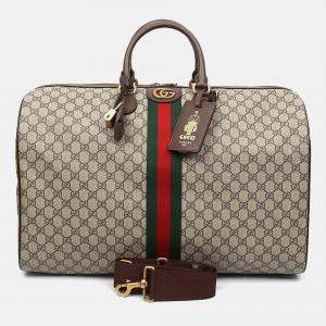 Pre Owned Gucci Beige Brown Leather and PVC Ophidia Savoy Duffel Bag