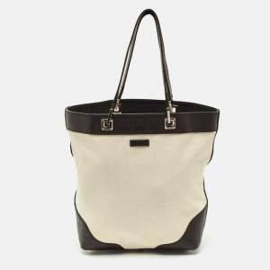 Pre Owned Gucci Brown/Off White Guccissima Leather and Canvas Bucket Tote