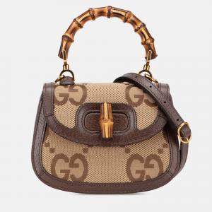 Pre Owned Gucci Brown Mini Jumbo GG Canvas 1947 Bamboo Top Handle Bag