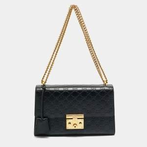 Pre Owned Gucci Black Guccissima Leather Medium Padlock Shoulder Bag