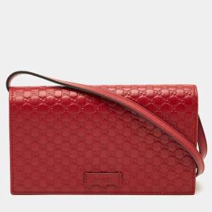 Pre Owned Gucci Red Microguccissima Leather Flap Wallet on Strap